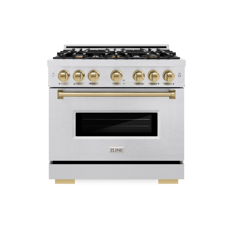 ZLINE Autograph Edition 36 in. 5.2 cu. ft. Classic Dual Fuel Range with 6 Burner Gas Cooktop and Electric Convection Oven in Satin Stainless Steel with Champagne Bronze Accents (CDRSZ-36-CB) ZLINE