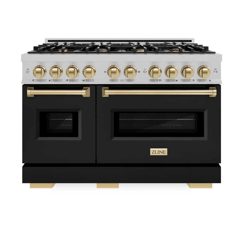 ZLINE Autograph Edition 48 in. 6.7 cu. ft. Classic Double Oven Dual Fuel Range with 8 Burner Gas Cooktop in Satin Stainless Steel with Black Matte Doors and Champagne Bronze Accents (CDRSZ-BLM-48-CB) ZLINE