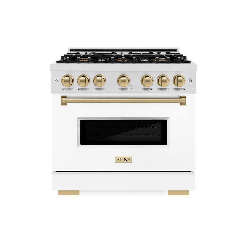 ZLINE Autograph Edition 36 in. 5.2 cu. ft. Classic Dual Fuel Range with 6 Burner Gas Cooktop and Electric Convection Oven in Satin Stainless Steel with White Matte Door and Champagne Bronze Accents (CDRSZ-WM-36-CB) ZLINE