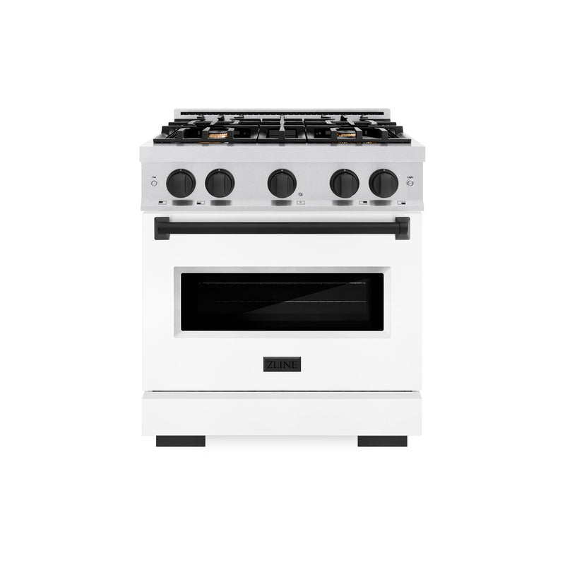 ZLINE Autograph Edition 30 in. 4.2 cu. ft. Classic Dual Fuel Range with 4 Burner Gas Cooktop and Electric Convection Oven in Satin Stainless Steel with White Matte Door and Matte Black Accents (CDRSZ-WM-30-MB) ZLINE