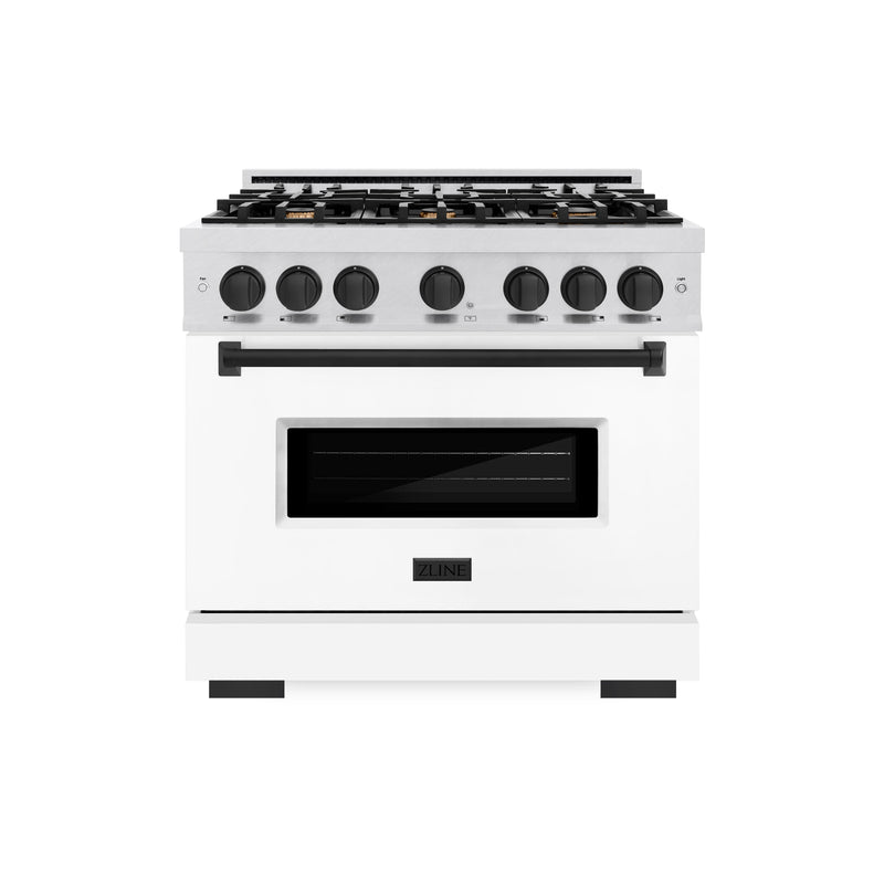 ZLINE Autograph Edition 36 in. 5.2 cu. ft. Classic Dual Fuel Range with 6 Burner Gas Cooktop and Electric Convection Oven in Satin Stainless Steel with White Matte Door and Matte Black Accents (CDRSZ-WM-36-MB) ZLINE