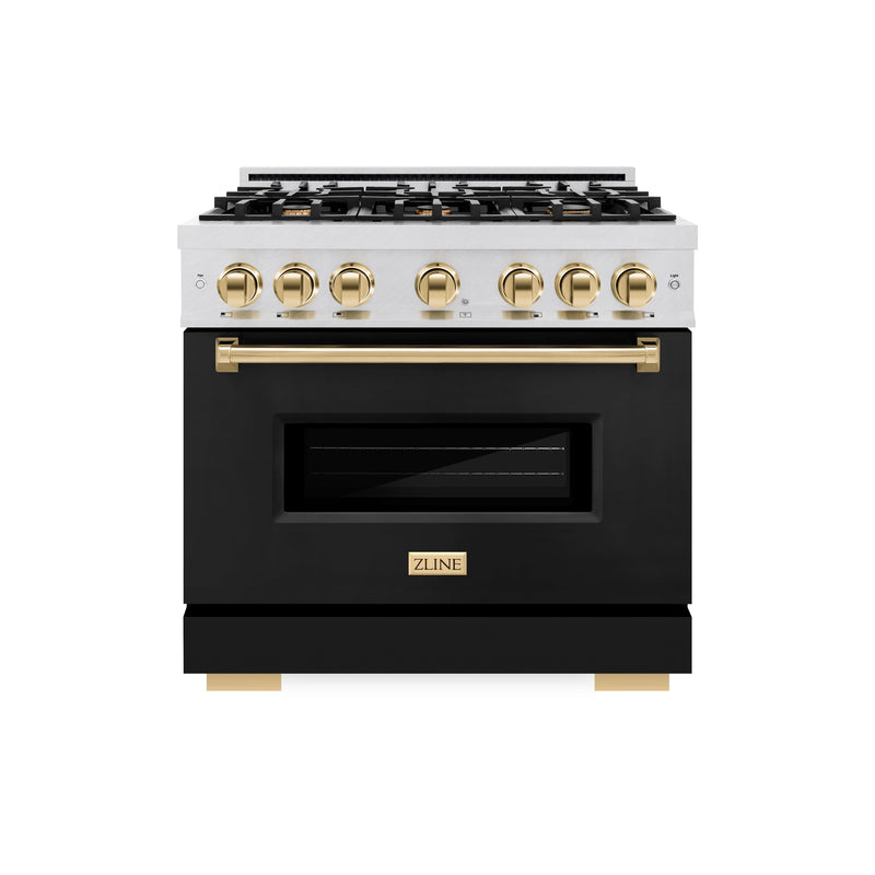 ZLINE Autograph Edition 36 in. 5.2 cu. ft. Classic Dual Fuel Range with 6 Burner Gas Cooktop and Electric Convection Oven in Satin Stainless Steel with Black Matte Door and Polished Gold Accents (CDRSZ-BLM-36-G) ZLINE