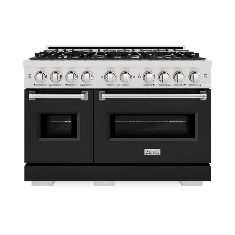 ZLINE 48 in. 6.7 cu. ft. Classic Double Oven Gas Range with 8 Burner Cooktop in Satin Stainless Steel with Black Matte Doors (CGRS-BLM-48) ZLINE