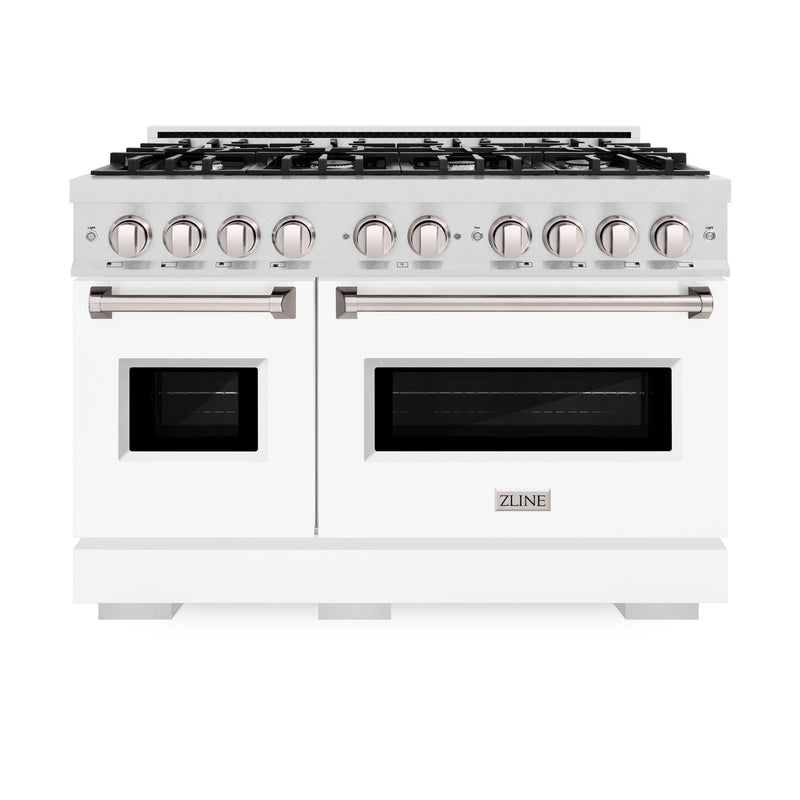 ZLINE 48 in. 6.7 cu. ft. Classic Double Oven Gas Range with 8 Burner Cooktop in Satin Stainless Steel with White Matte Doors (CGRS-WM-48) ZLINE