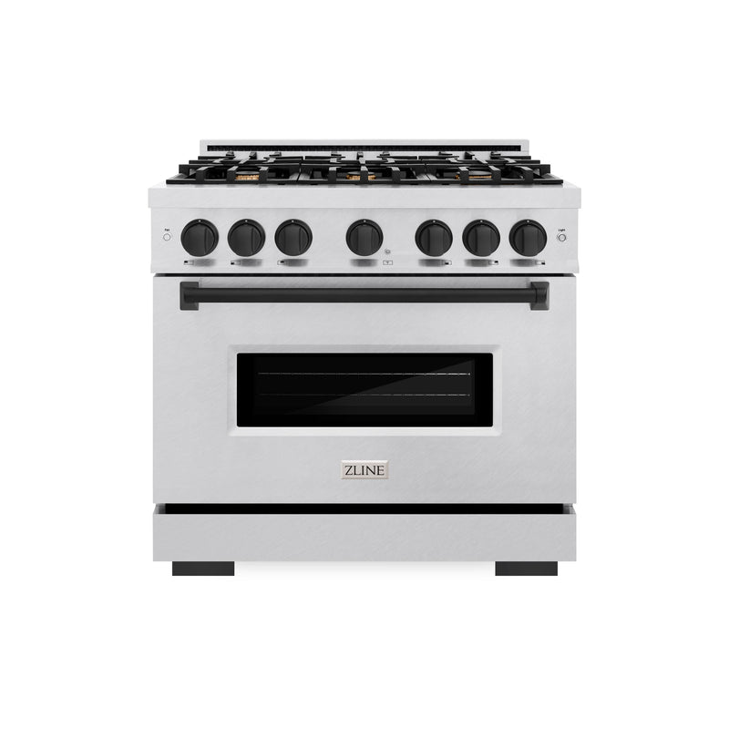 ZLINE Autograph Edition 36 in. 5.2 cu. ft. Classic Gas Range with 6 Burner Cooktop and Convection Gas Oven in Satin Stainless Steel and Matte Black Accents (CGRSZ-36-MB) ZLINE