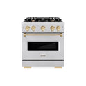 ZLINE Autograph Edition 30 in. 4.2 cu. ft. Classic Gas Range with 4 Burner Cooktop and Convection Gas Oven in Satin Stainless Steel and Polished Gold Accents (CGRSZ-30-G)