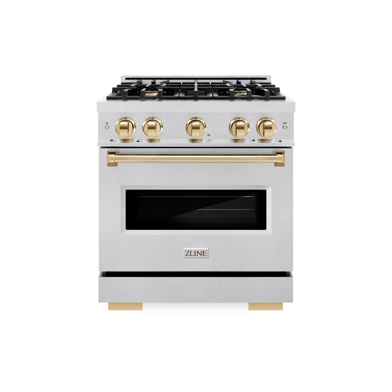 ZLINE Autograph Edition 30 in. 4.2 cu. ft. Classic Gas Range with 4 Burner Cooktop and Convection Gas Oven in Satin Stainless Steel and Polished Gold Accents (CGRSZ-30-G) ZLINE