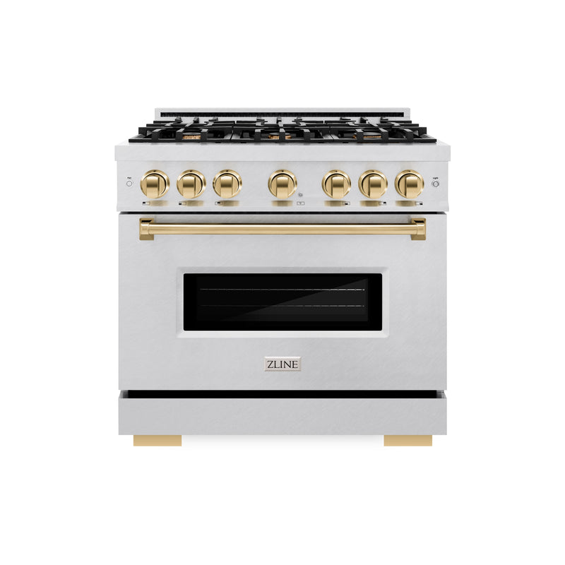 ZLINE Autograph Edition 36 in. 5.2 cu. ft. Classic Gas Range with 6 Burner Cooktop and Convection Gas Oven in Satin Stainless Steel and Polished Gold Accents (CGRSZ-36-G) ZLINE