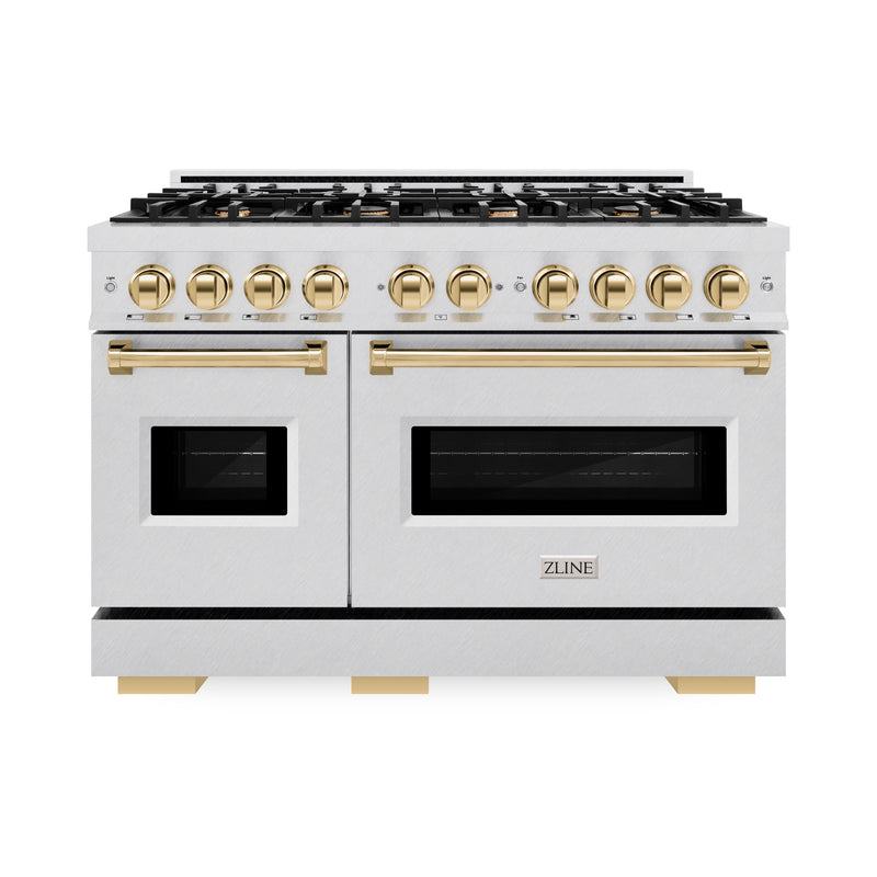 ZLINE Autograph Edition 48 in. 6.7 cu. ft. Classic Double Oven Gas Range with 8 Burner Cooktop in Satin Stainless Steel and Polished Gold Accents (CGRSZ-48-G) ZLINE