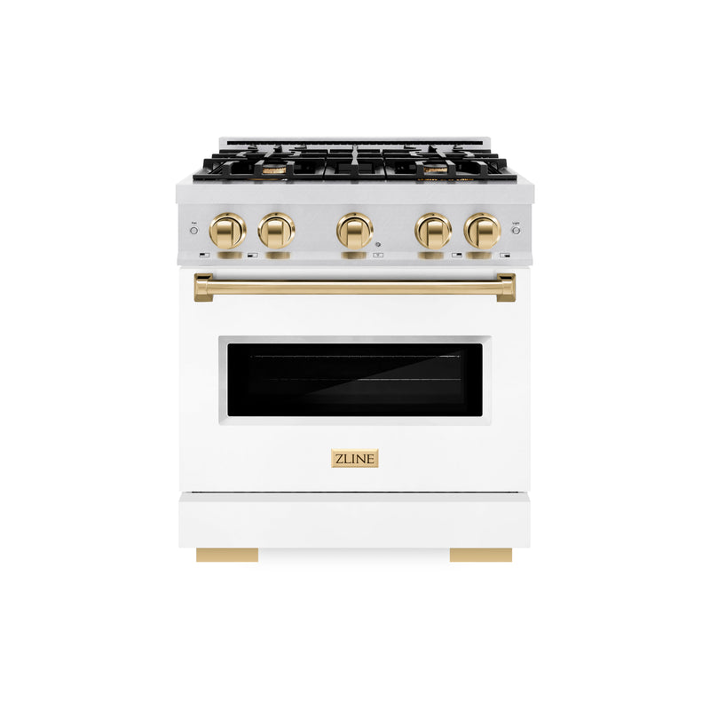 ZLINE Autograph Edition 30 in. 4.2 cu. ft. Classic Gas Range with 4 Burner Cooktop and Convection Gas Oven in Satin Stainless Steel with White Matte Door and Polished Gold Accents (CGRSZ-WM-30-G) ZLINE