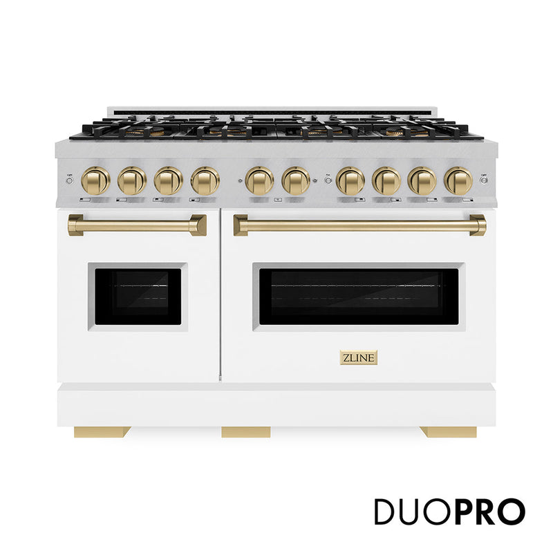 ZLINE Autograph Edition 48 in. Classic Dual Fuel Range in Satin Stainless Steel with 10 Burner DuoPro Cooktop with White Matte Door and Champagne Bronze Accent (PCDRSZ-WM-48-CB) ZLINE