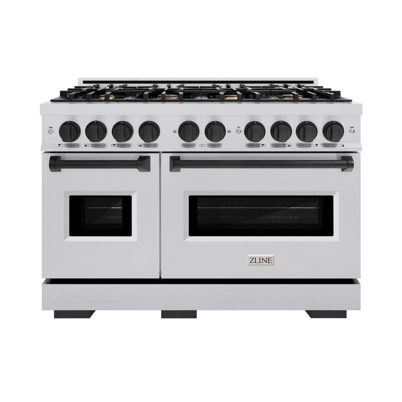 ZLINE Autograph Edition 48 in. 6.7 cu. ft. Classic Double Oven Dual Fuel Range with 8 Burner Gas Cooktop in Stainless Steel and Matte Black Accents (CDRZ-48-MB) ZLINE