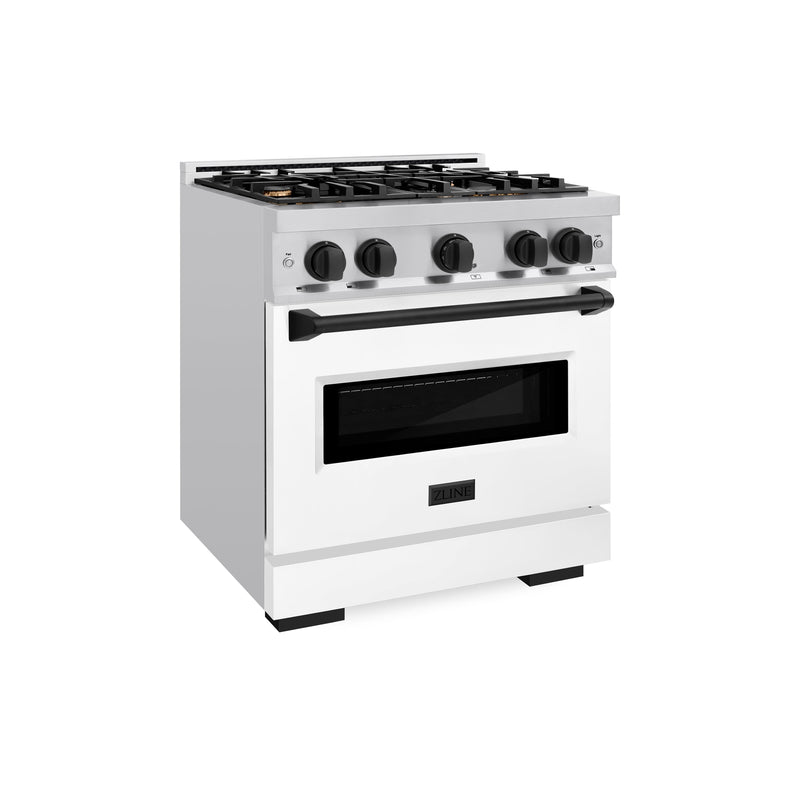 ZLINE Autograph Edition 30 in. 4.2 cu. ft. Classic Dual Fuel Range with 4 Burner Gas Cooktop and Electric Convection Oven in Stainless Steel with White Matte Door and Matte Black Accents (CDRZ-WM-30-MB) ZLINE
