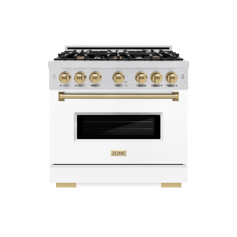 ZLINE Autograph Edition 36 in. 5.2 cu. ft. Classic Gas Range with 6 Burner Cooktop and Convection Gas Oven in Stainless Steel with White Matte Door and Champagne Bronze Accents (CGRZ-WM-36-CB) ZLINE
