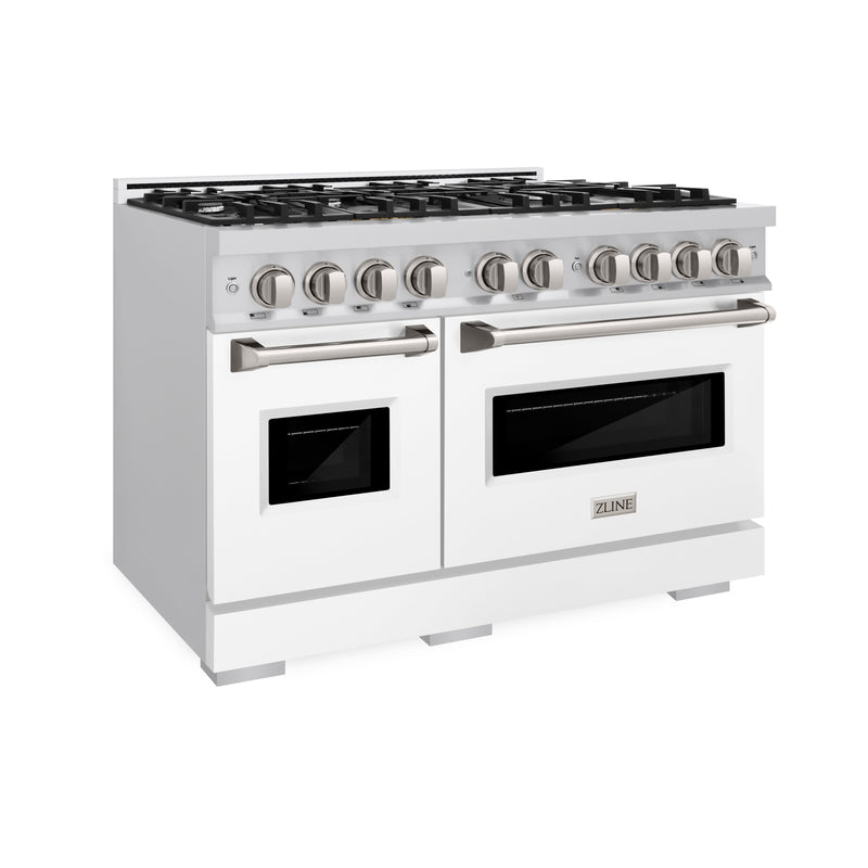 ZLINE 48 in. 6.7 cu. ft. Classic Double Oven Gas Range with 8 Burner Cooktop in Stainless Steel with White Matte Doors (CGR-WM-48) ZLINE