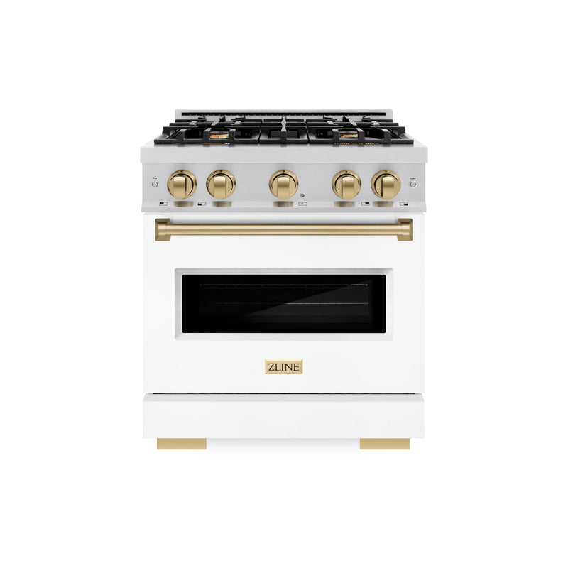 ZLINE Autograph Edition 30 in. 4.2 cu. ft. Classic Gas Range with 4 Burner Cooktop and Convection Gas Oven in Stainless Steel with White Matte Door and Champagne Bronze Accents (CGRZ-WM-30-CB) ZLINE
