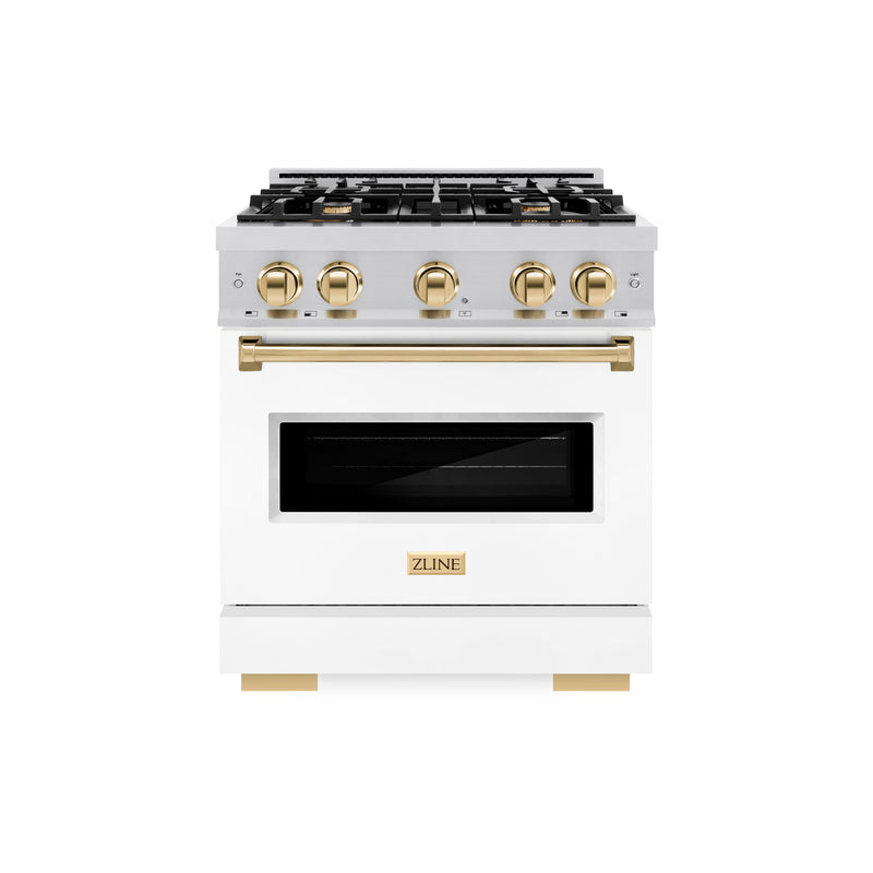 ZLINE Autograph Edition 30 in. 4.2 cu. ft. Classic Gas Range with 4 Burner Cooktop and Convection Gas Oven in Stainless Steel with White Matte Door and Polished Gold Accents (CGRZ-WM-30-G) ZLINE