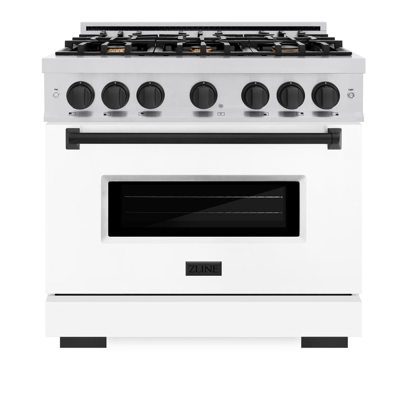 ZLINE Autograph Edition 36 in. 5.2 cu. ft. Classic Gas Range with 6 Burner Cooktop and Convection Gas Oven in Stainless Steel with White Matte Door and Matte Black Accents (CGRZ-WM-36-MB) ZLINE