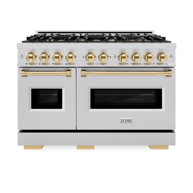 ZLINE Autograph Edition 48 in. 6.7 cu. ft. Classic Double Oven Gas Range with 8 Burner Cooktop in Stainless Steel and Polished Gold Accents (CGRZ-48-G) ZLINE
