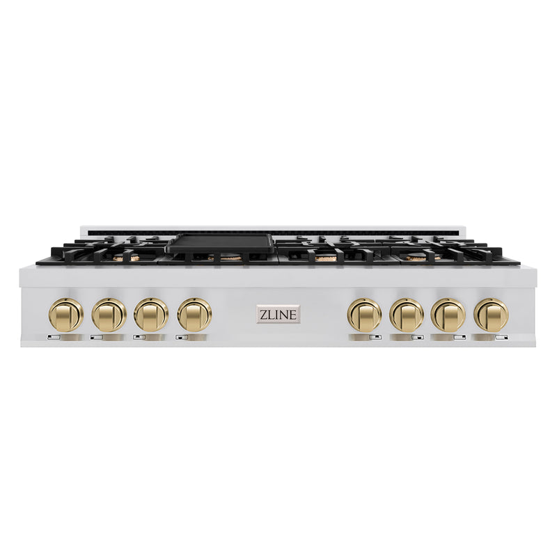 ZLINE Autograph Edition 48 in. Legacy Gas Rangetop with 7 Burners and Porcelain Cooktop in Stainless Steel with Champagne Bronze Accents (RTZ-48-CB) ZLINE