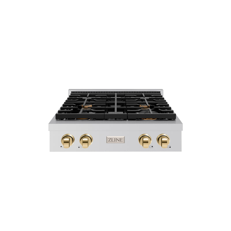 ZLINE 30 in. Autograph Edition Paramount Gas Rangetop with 4 Burners and Porcelain Cooktop in Stainless Steel with Polished Gold Accents (SRTZ-30-G) ZLINE