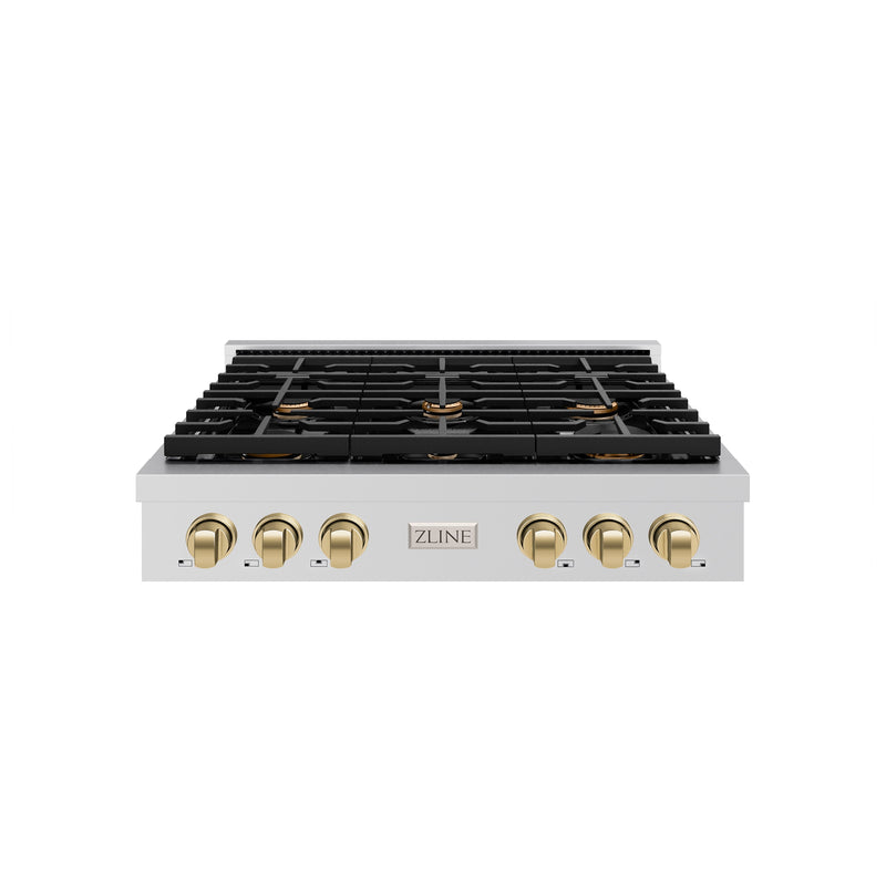 ZLINE 36 in. Autograph Edition Paramount Gas Rangetop with 6 Burners and Porcelain Cooktop in Stainless Steel with Champagne Bronze Accents (SRTZ-36-CB) ZLINE