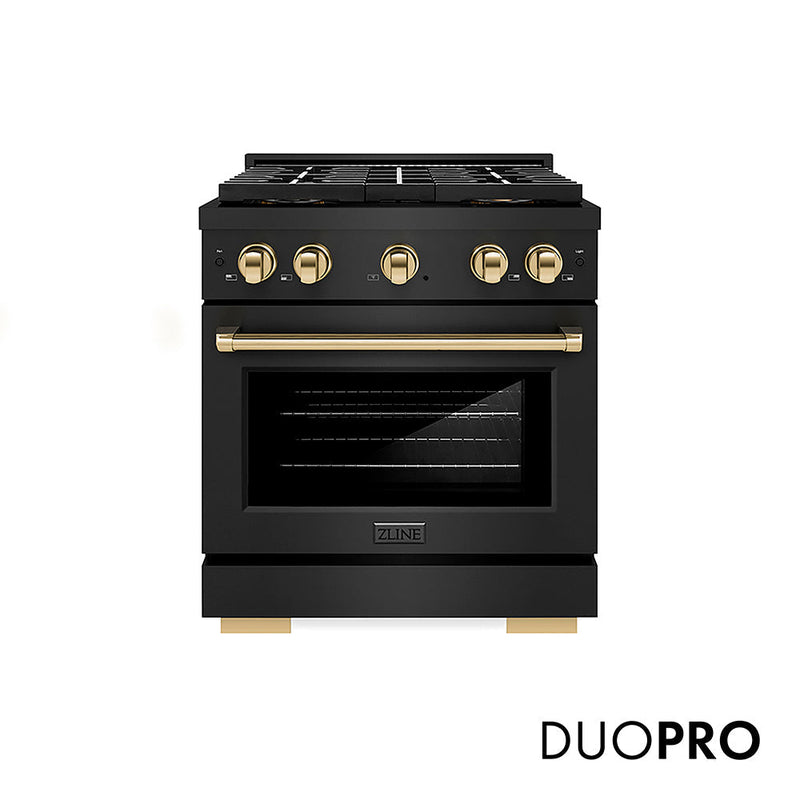 ZLINE Autograph Edition 30 in. 4.2 cu. ft. Paramount Dual Fuel Range with 4 Burner DuoPro™ Cooktop and Electric Convection Oven in Black Stainless Steel and Polished Gold Accents (PSDRBZ-30-G) ZLINE