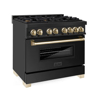 ZLINE Autograph Edition 36 in. 4.6 cu. ft. Legacy Dual Fuel Range with 6 Burner Gas Cooktop and Electric Convection Oven in Black Stainless Steel and Polished Gold Accents