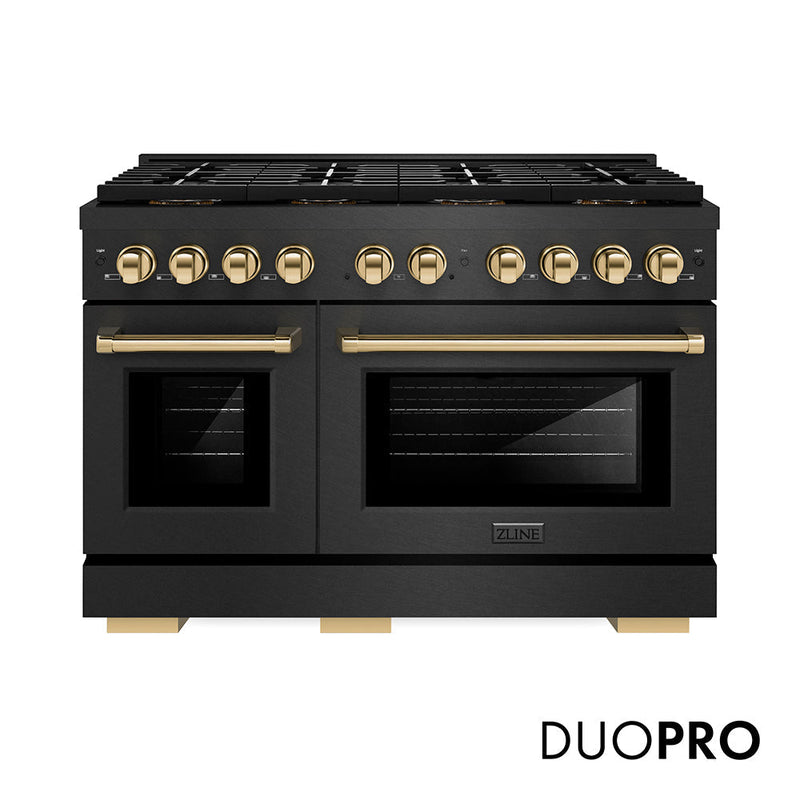 ZLINE Autograph Edition 48 in. 6.7 cu. ft. Paramount Dual Fuel Range with 8 Burner DuoPro™ Cooktop and Dual Ovens in Black Satin Stainless Steel and Polished Gold Accents (PSDRBSZ-48-G) ZLINE