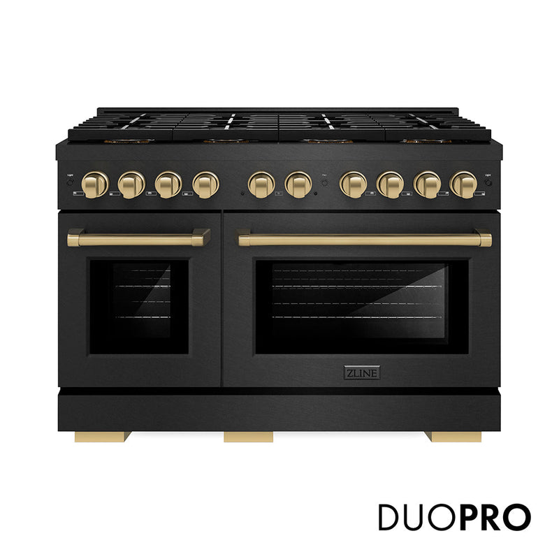 ZLINE Autograph Edition 48 in. 6.7 cu. ft. Paramount Double Oven Gas Range with 8 Burner DuoPro™ Cooktop in Black Satin Stainless Steel and Champagne Bronze Accents (PSGRBSZ-48-CB)