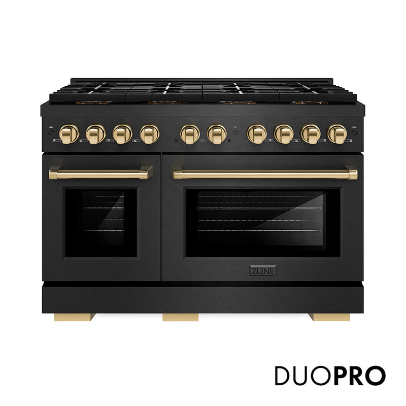 ZLINE Autograph Edition 48 in. 6.7 cu. ft. Paramount Double Oven Gas Range with 8 Burner DuoPro™ Cooktop in Black Satin Stainless Steel and Polished Gold Accents (PSGRBSZ-48-G)