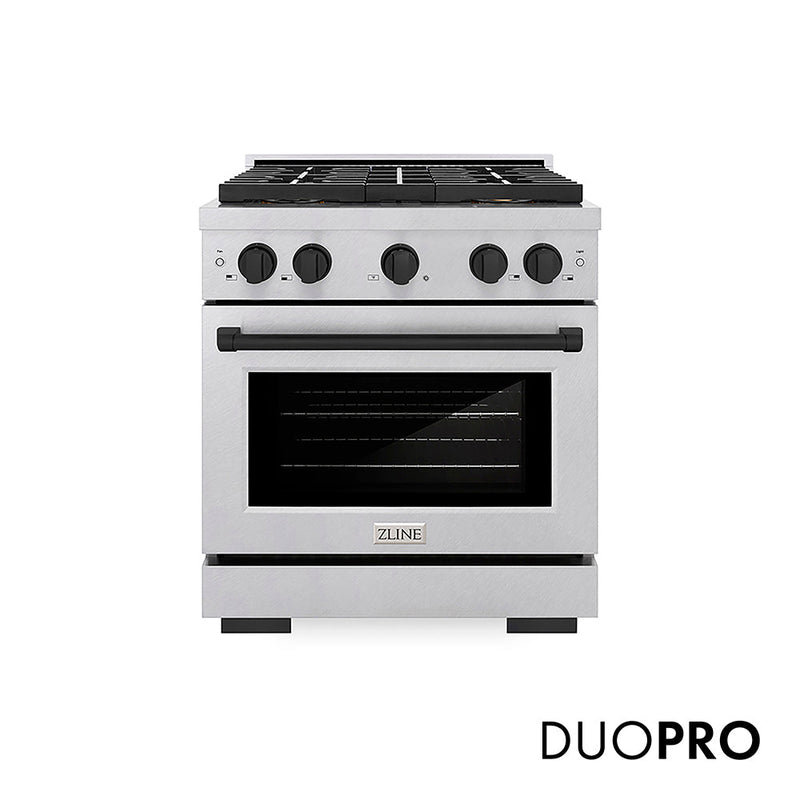 ZLINE Autograph Edition 30 in. 4.2 cu. ft. Paramount Dual Fuel Range with 4 Burner DuoPro™ Cooktop and Electric Convection Oven in Satin Stainless Steel and Matte Black Accents (PSDRSZ-30-MB) ZLINE
