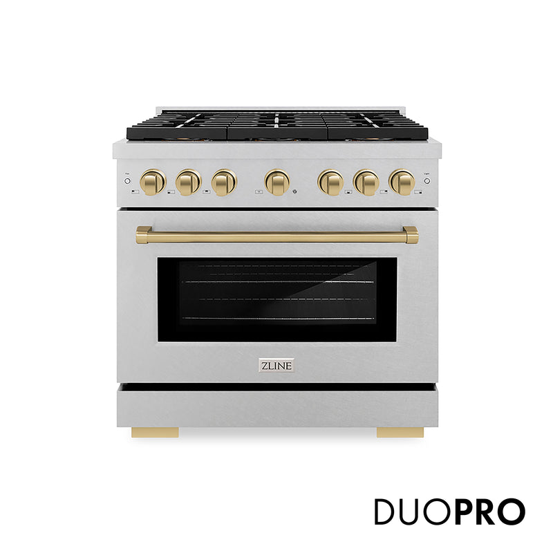 ZLINE Autograph Edition 36 in. 5.2 cu. ft. Paramount Dual Fuel Range with 6 Burner DuoPro™ Cooktop and Electric Convection Oven in Satin Stainless Steel and Champagne Bronze Accents (PSDRSZ-36-CB) ZLINE