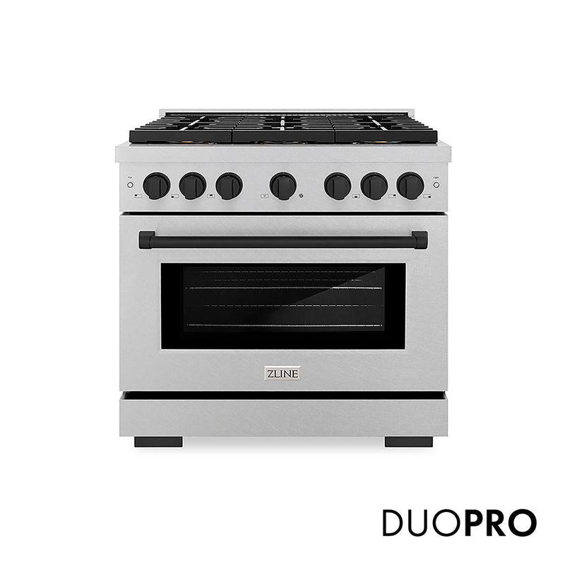 ZLINE Autograph Edition 36 in. 5.2 cu. ft. Paramount Dual Fuel Range with 6 Burner DuoPro™ Cooktop and Electric Convection Oven in Satin Stainless Steel and Matte Black Accents (PSDRSZ-36-MB) ZLINE