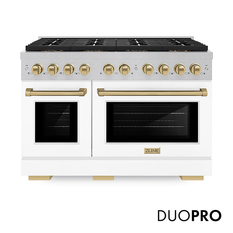 ZLINE Autograph Edition 48 in. 6.7 cu. ft. Paramount Dual Fuel Range with 8 Burner DuoPro™ Cooktop and Dual Ovens in Satin Stainless Steel with White Matte Doors and Champagne Bronze Accents (PSDRSZ-WM-48-CB) ZLINE