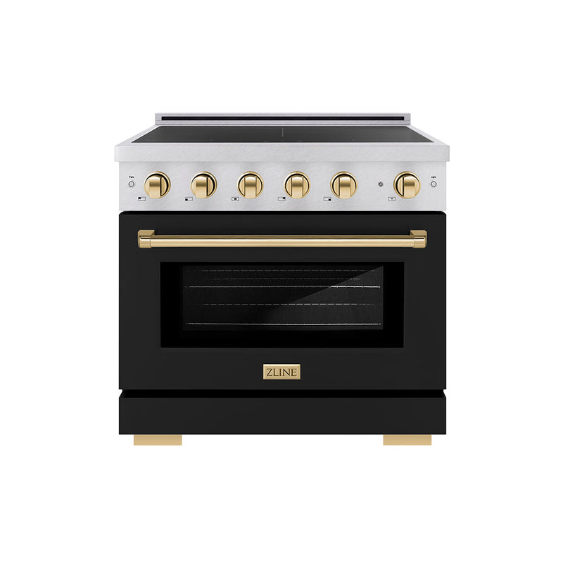 ZLINE Autograph Edition 36 in. 5.2 cu. ft. Paramount Induction Range with 5 Element Cooktop and Electric Convection Oven in Satin Stainless Steel with Black Matte Door and Polished Gold Accents (SINRSZ-BLM36-G) ZLINE