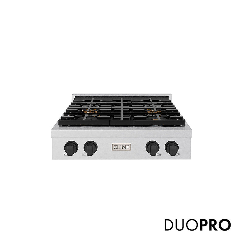 ZLINE Autograph Edition 30 in. Paramount Gas Rangetop with 4 Burner DuoPro™ Cooktop in Satin Stainless Steel and Matte Black Accents (PSRTSZ-30-MB) ZLINE