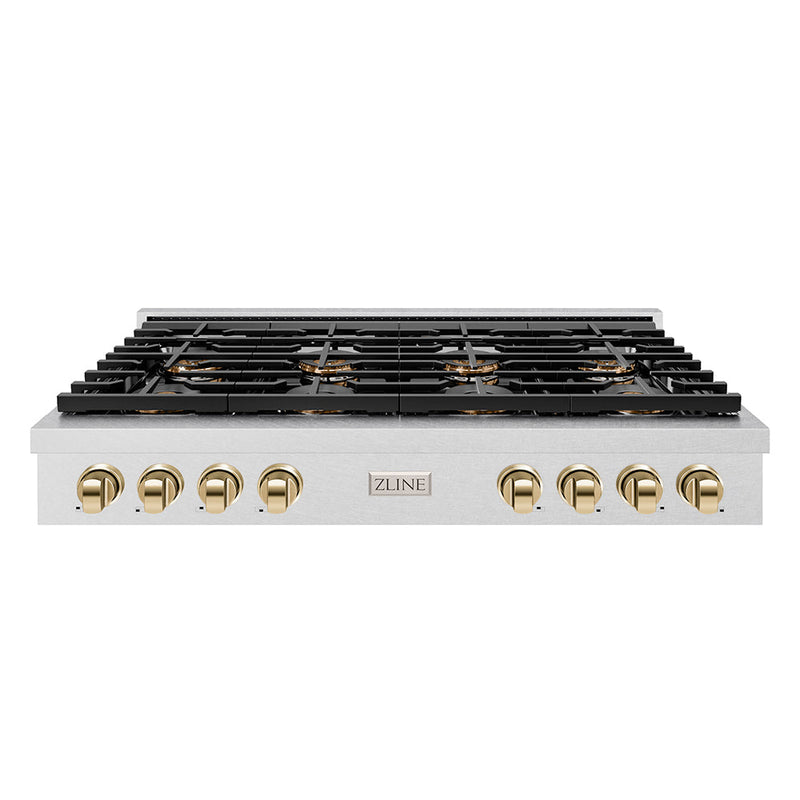 ZLINE Autograph Edition 48 in. Paramount Gas Rangetop with 8 Burner DuoPro™ Cooktop in Satin Stainless Steel and Polished Gold Accents (PSRTSZ-48-G) ZLINE