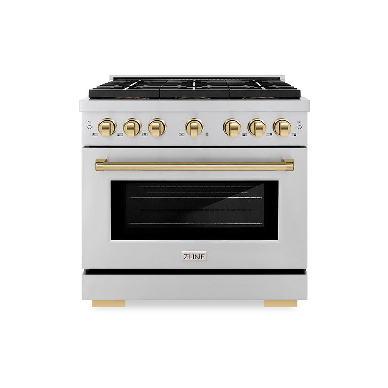 ZLINE Autograph Edition 36 in. 5.2 cu. ft. Paramount Dual Fuel Range with 6 Burner DuoPro™ Cooktop and Electric Convection Oven in Stainless Steel and Polished Gold Accents (PSDRZ-36-G) ZLINE