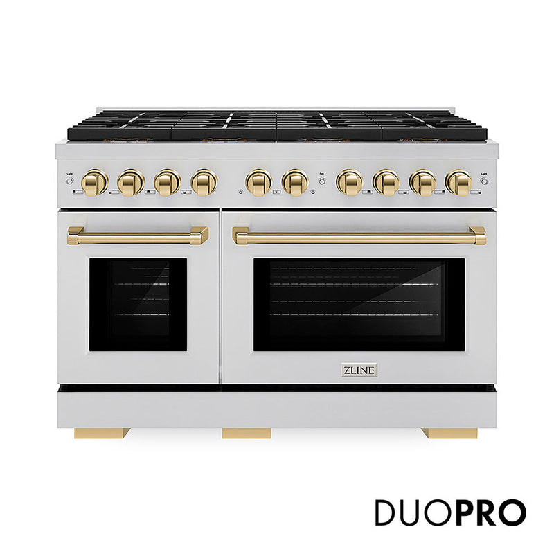 ZLINE Autograph Edition 48 in. 6.7 cu. ft. Paramount Dual Fuel Range with 8 Burner DuoPro™ Cooktop and Dual Ovens in Stainless Steel and Polished Gold Accents (PSDRZ-48-G) ZLINE