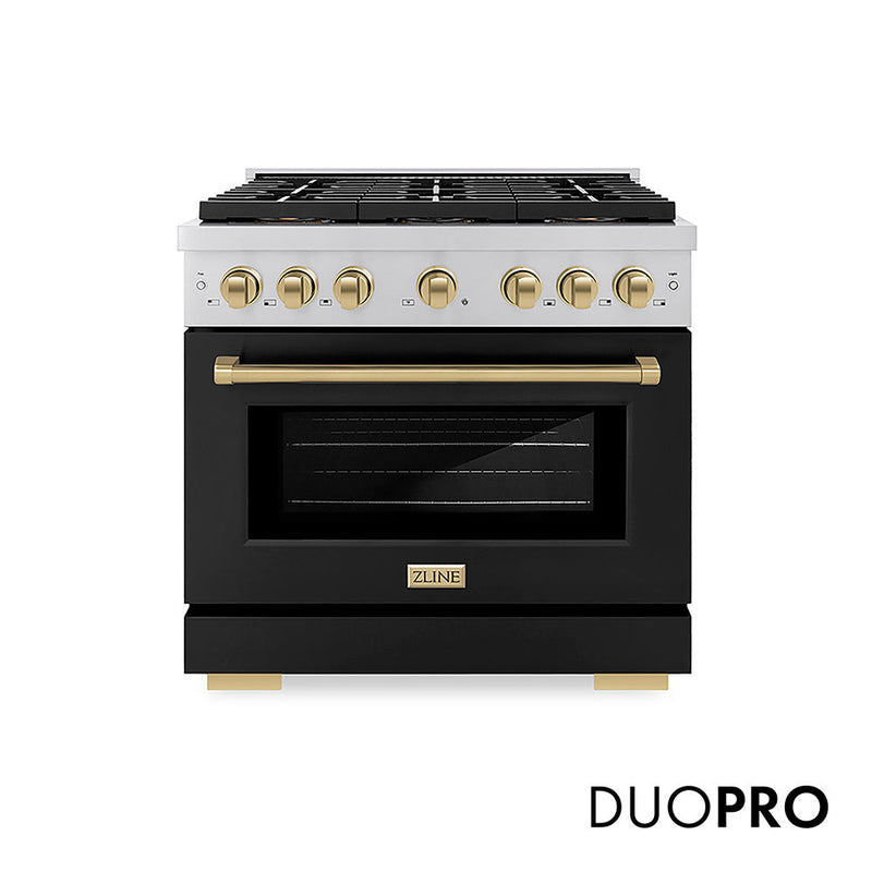 ZLINE Autograph Edition 36 in. 5.2 cu. ft. Paramount Dual Fuel Range with 6 Burner DuoPro™ Cooktop and Electric Convection Oven with Black Matte Door and Champagne Bronze Accents (PSDRZ-BLM-36-CB) ZLINE