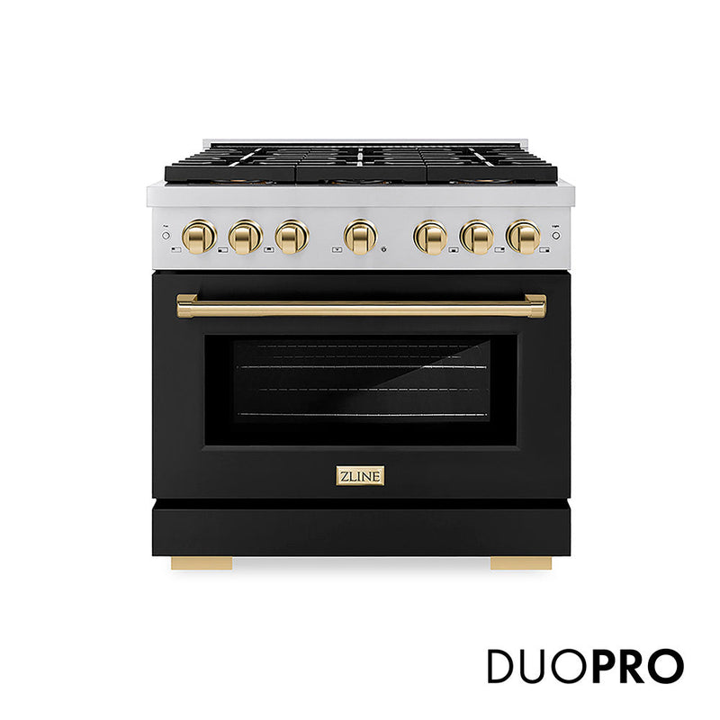 ZLINE Autograph Edition 36 in. 5.2 cu. ft. Paramount Dual Fuel Range with 6 Burner DuoPro™ Cooktop and Electric Convection Oven with Black Matte Door and Polished Gold Accents (PSDRZ-BLM-36-G) ZLINE