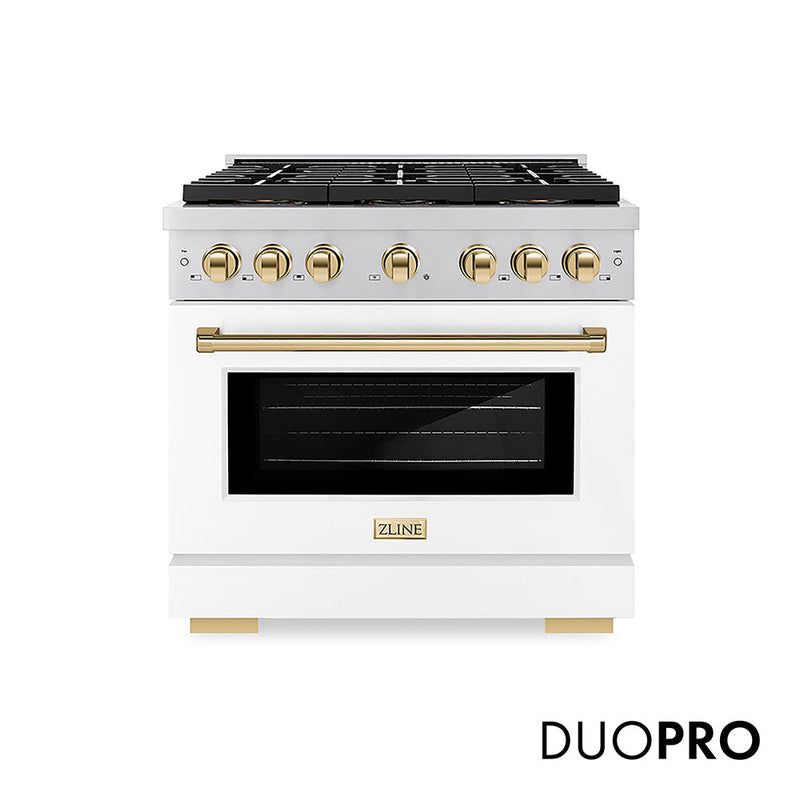 ZLINE Autograph Edition 36 in. 5.2 cu. ft. Paramount Dual Fuel Range with 6 Burner DuoPro™ Cooktop and Electric Convection Oven with White Matte Door and Champagne Bronze Accents (PSDRZ-WM-36-CB) ZLINE