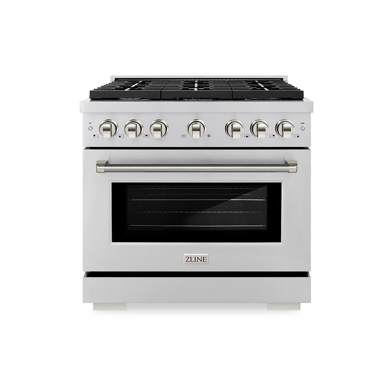 ZLINE Autograph Edition 36 in. 5.2 cu. ft. Paramount Dual Fuel Range with 6 Burner Gas Cooktop and Electric Convection Oven in Stainless Steel with Polished Nickel Helix Handle and Knob Accents (SDRZ-36-KPN) ZLINE