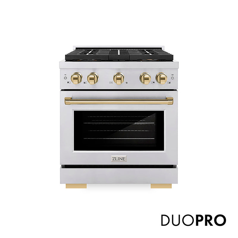 ZLINE Autograph Edition 30 in. 4.2 cu. ft. Paramount Gas Range with 4 Burner DuoPro™ Cooktop and Convection Gas Oven in Stainless Steel with Polished Gold Accents (PSGRZ-30-G) ZLINE