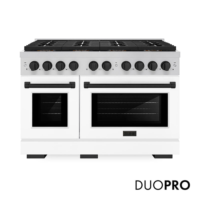ZLINE Autograph Edition 48 in. 6.7 cu. ft. Paramount Gas Range with 8 Burner DuoPro™ Cooktop and Dual Ovens with White Matte Doors and Matte Black Accents (PSGRZ-WM-48-MB) ZLINE