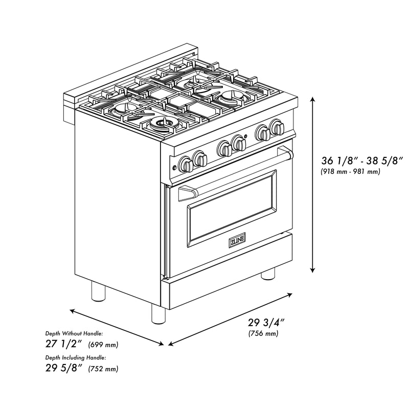 ZLINE 30 in. 4.0 cu. ft. Legacy Dual Fuel Range with 4 Burner Gas Cooktop and Electric Convection Oven in Stainless Steel and White Matte Door (RA-WM-30)