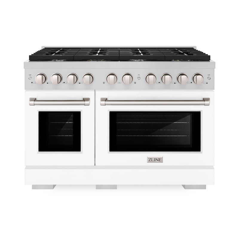 ZLINE 48 in. 6.7 cu. ft. Paramount Double Oven Dual Fuel Range with 8 Burner Gas Cooktop in Stainless Steel with White Matte Doors (SDR-WM-48) ZLINE