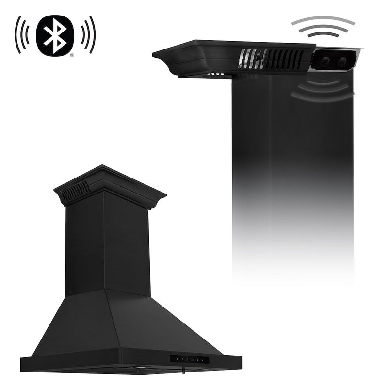 24 in. ZLINE CrownSound™Ducted Vent Wall Mount Range Hood in Black Stainless Steel with Built-in Bluetooth Speakers (BSKBNCRN-BT-24)