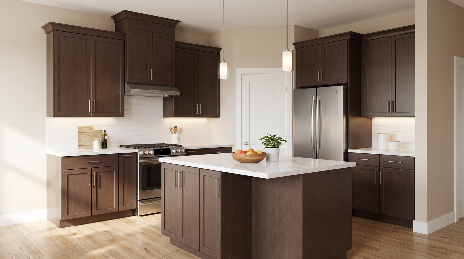 Illustrative Espresso Shaker kitchen design, not an exact product installation
